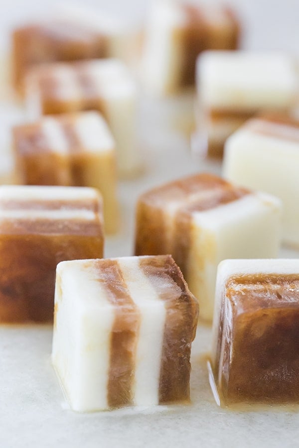 Recipe for layered coffee ice cubes for iced coffee. 