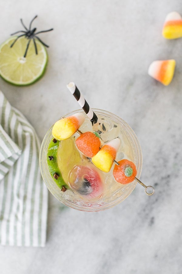 overhead shot of party punch in a glass, with garnishes