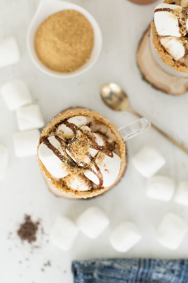s'mores coffee with marshmallows, chocolate syrup and graham crackers