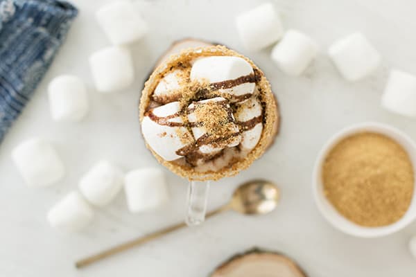s'mores coffee with marshmallows - s'mores iced coffee, graham cracker crumbs, iced coffee, marshmallow fluff