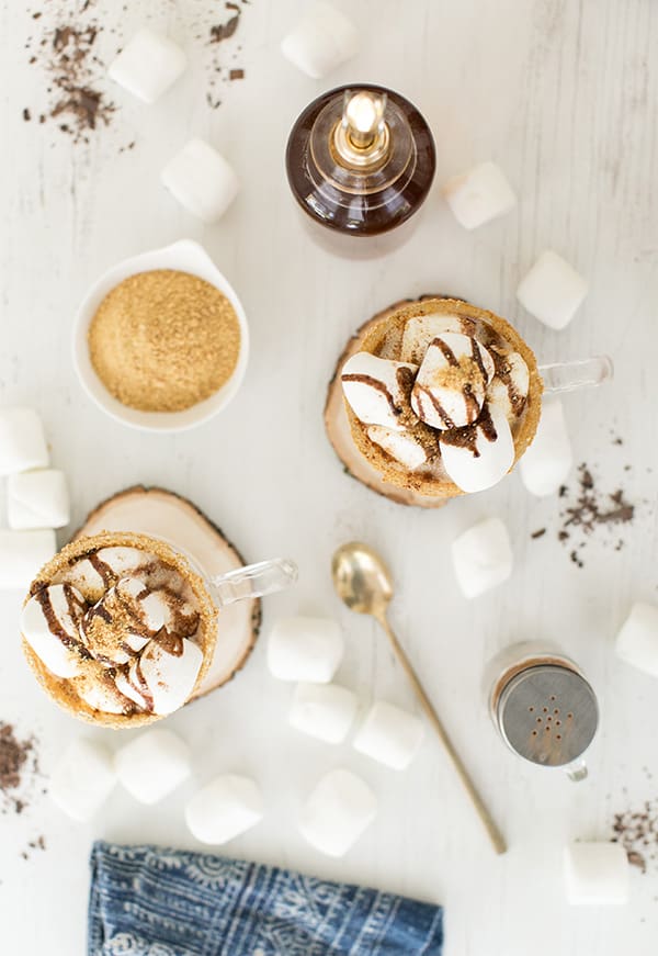 s'mores coffee with marshmallows, chocolate syrup and graham crackers - s'mores iced coffee, iced coffee, cold brew coffee, chocolate sauce, marshmallow fluff