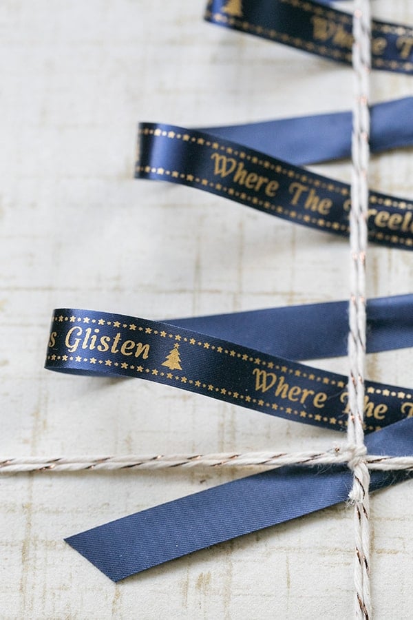 Close up photo of the blue ribbon with gold writing. 