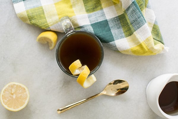 overhead shot of hazelnut coffee in a mug