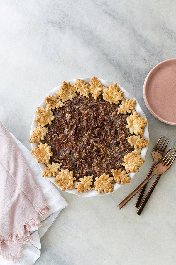 pecan pie recipe with a buttery leaf crust.