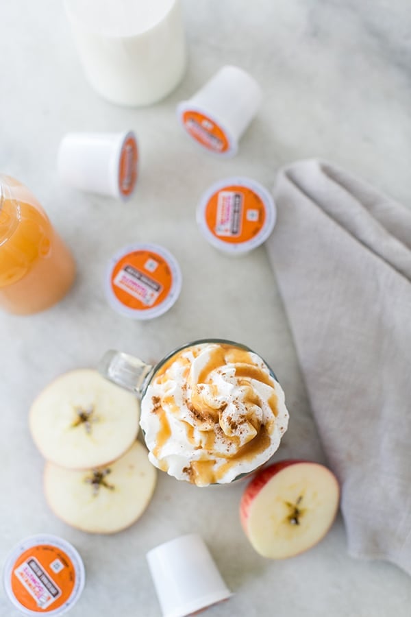 Apple pie coffee with whipped cream and caramel sauce. 