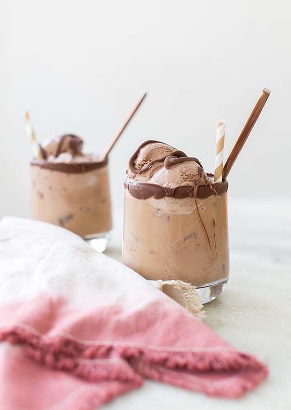 chocolate ice cream topped with coffee and melted chocolate.