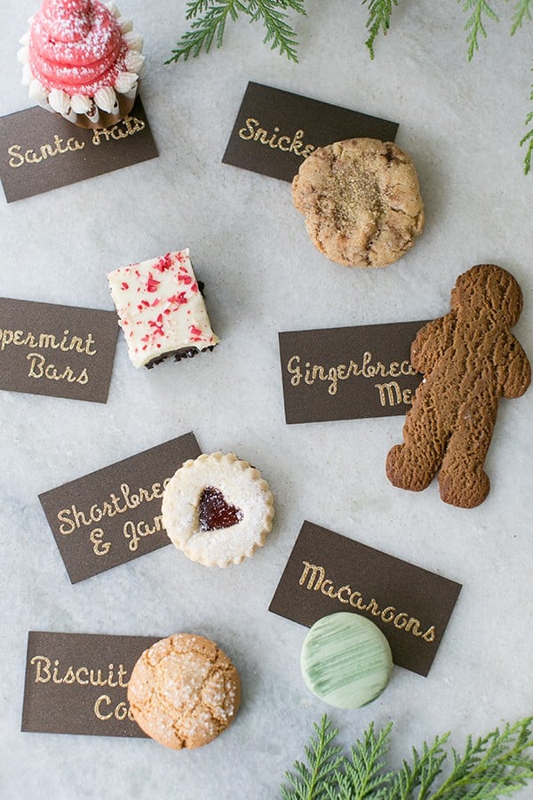 top down shot of cookies with name tags