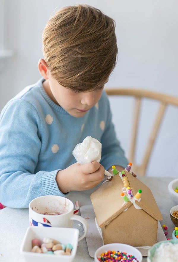 romeo decorating a gingerbread house - graham crackers, winter wonderland