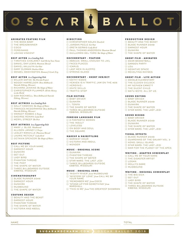 2018 Oscar Ballot Printable Sugar and Charm Sugar and Charm