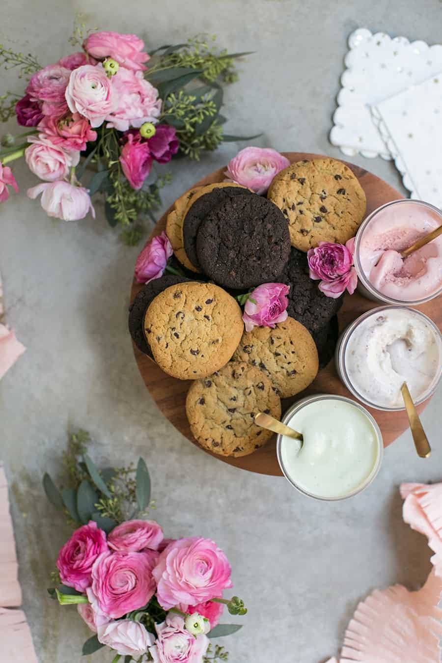 Cookies and ice cream on a platter for a Valentine's Day party 