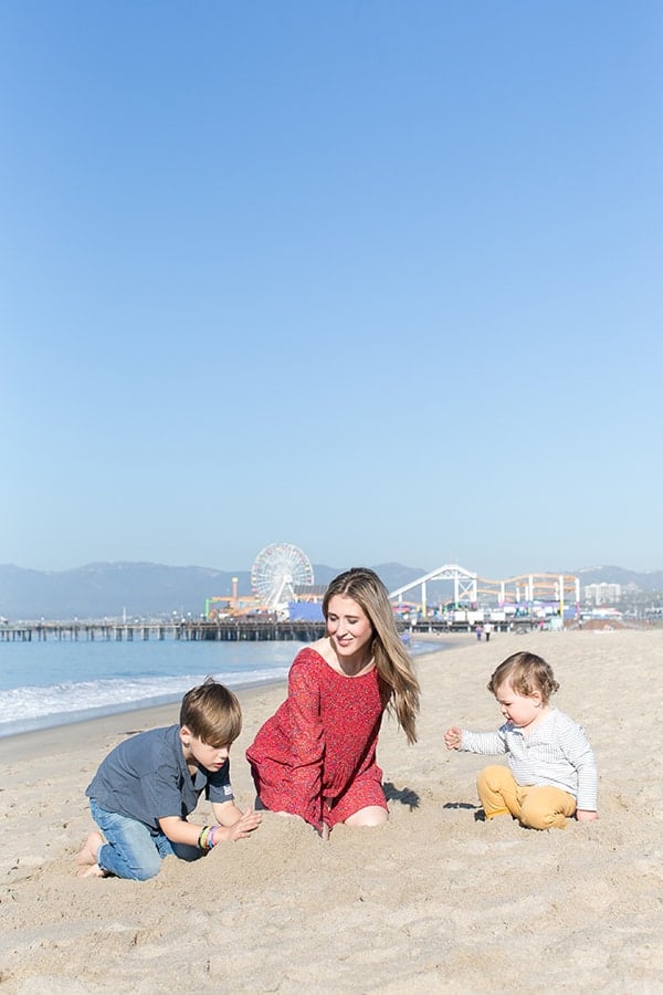 Eden Passante and her two boys on the beach in Santa Monica by the Pier 