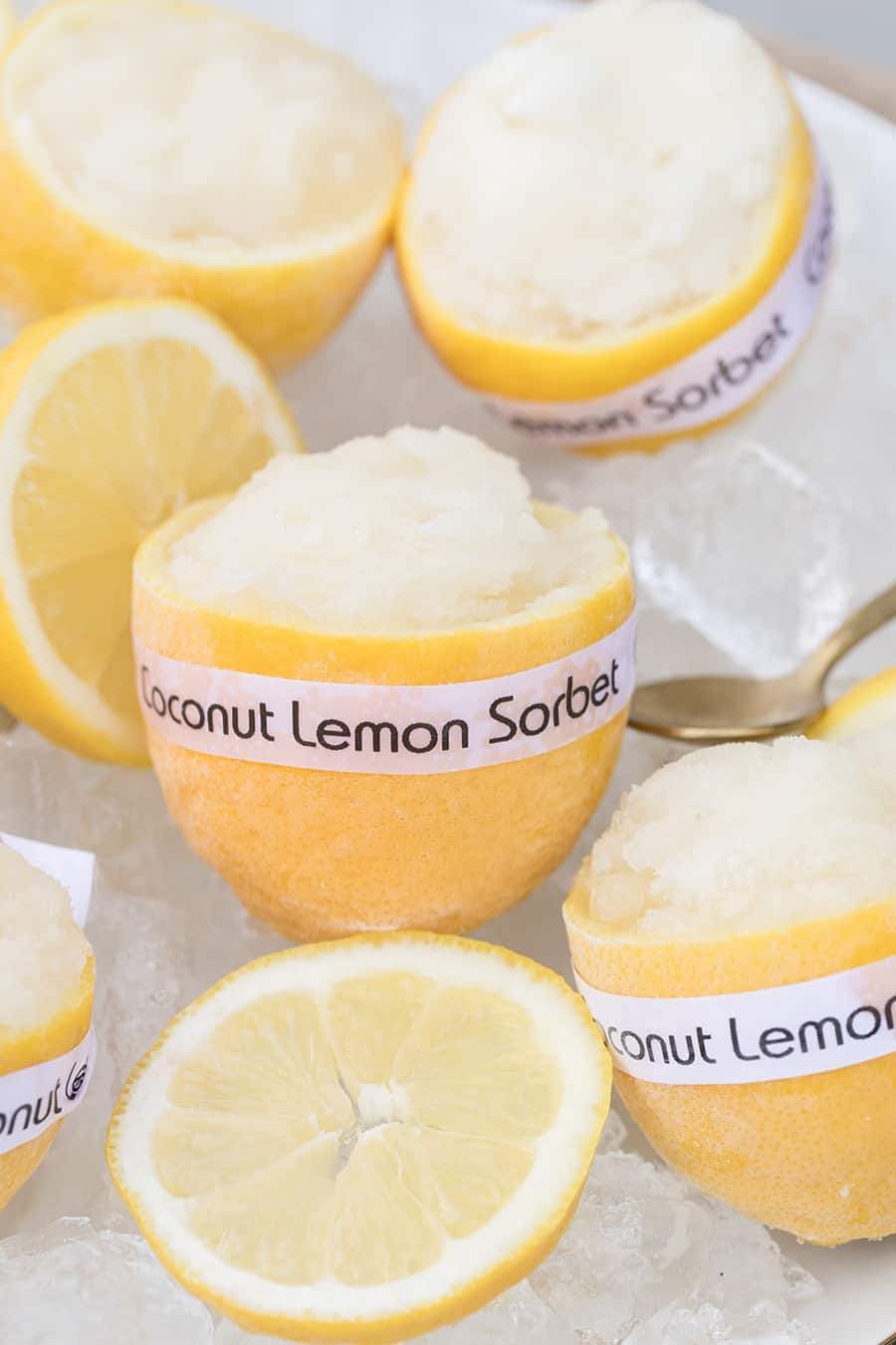 lemon sorbet in carved out lemons. 