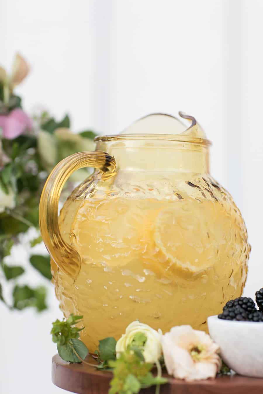 Lemonade in a giant yellow pitcher.