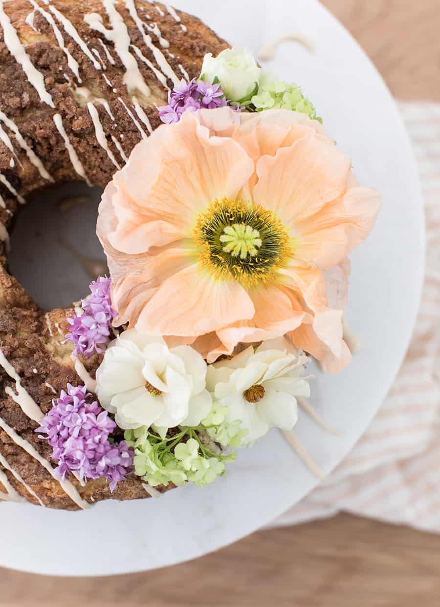 coffee cake recipe with a pink flower 