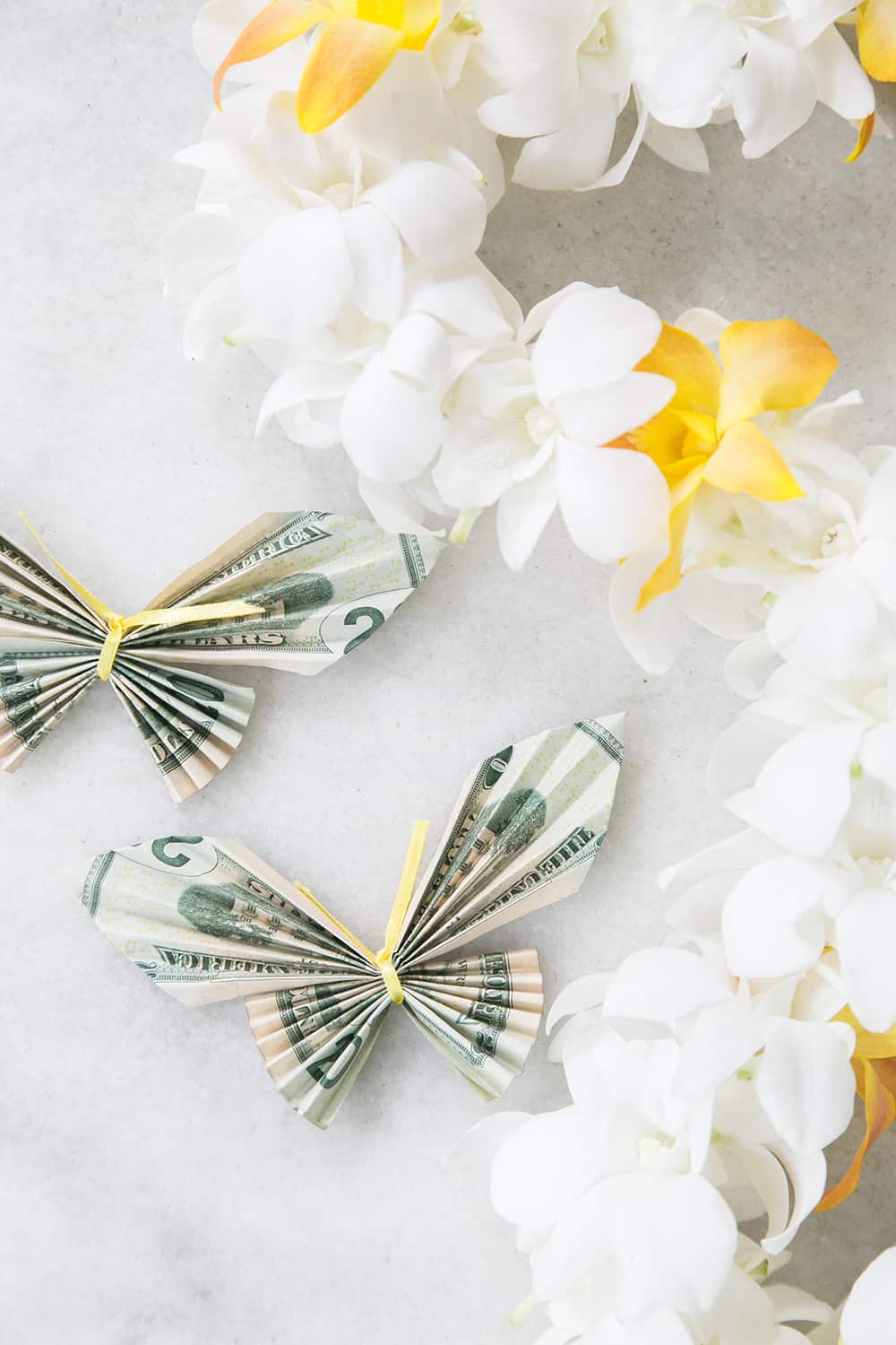 money origami butterfly on a table - dollar bills, money lei, butterfly money, dollar bill, graduation gift