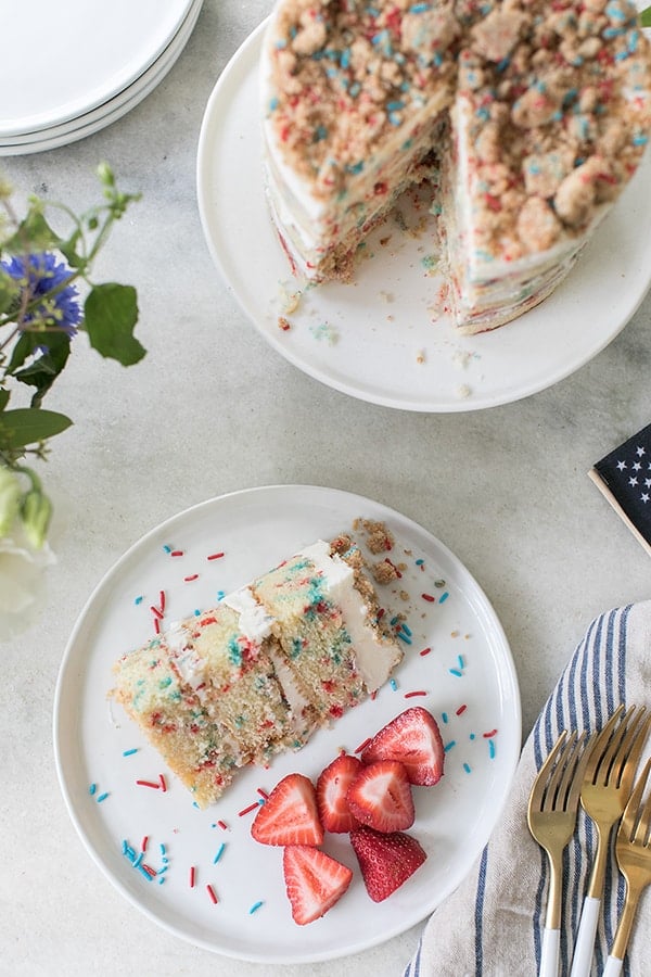 slice of the funfetti dessert on a plate