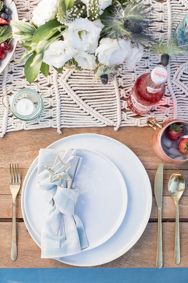 4th of July table setting with blue and white place settings.