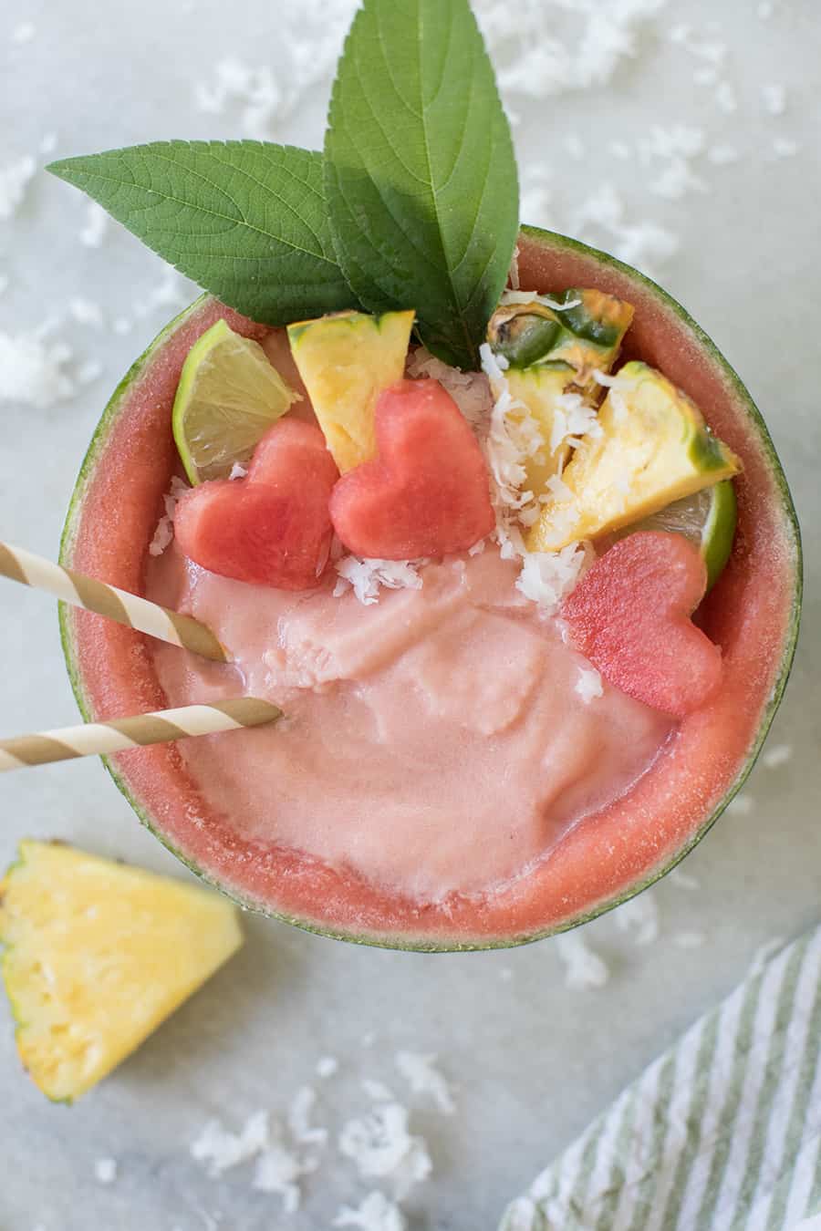  Piña Colada in a bowl with pineapple and watermelon hearts 