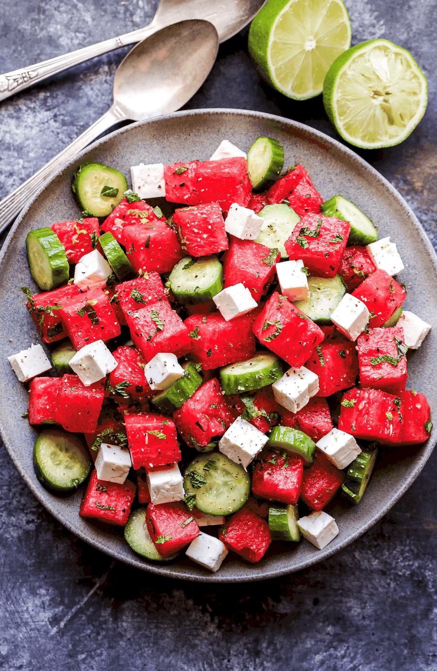 Watermelon salad with cucumber and feta cheese.