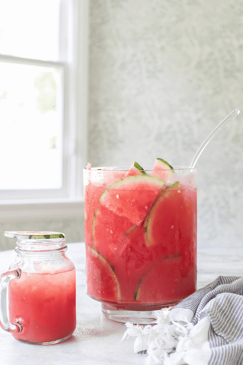 Watermelon cocktail punch in a large punch bowl. 