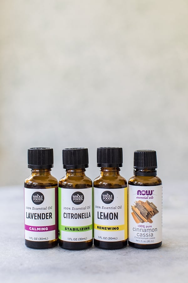 Lavender essential oil, citronella, lemon and cinnamon essential oils.