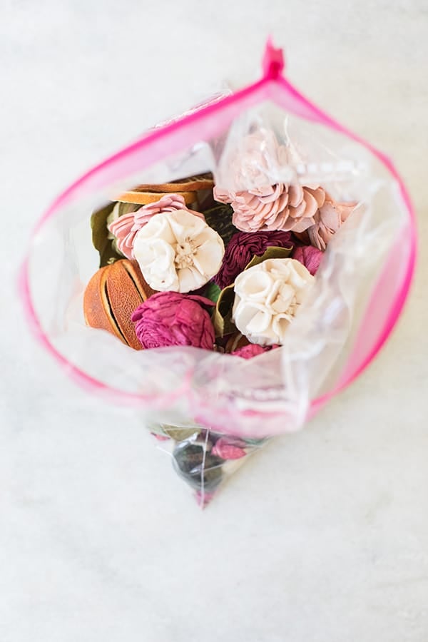 bug repellent potpourri in a plastic bag with essential oils.