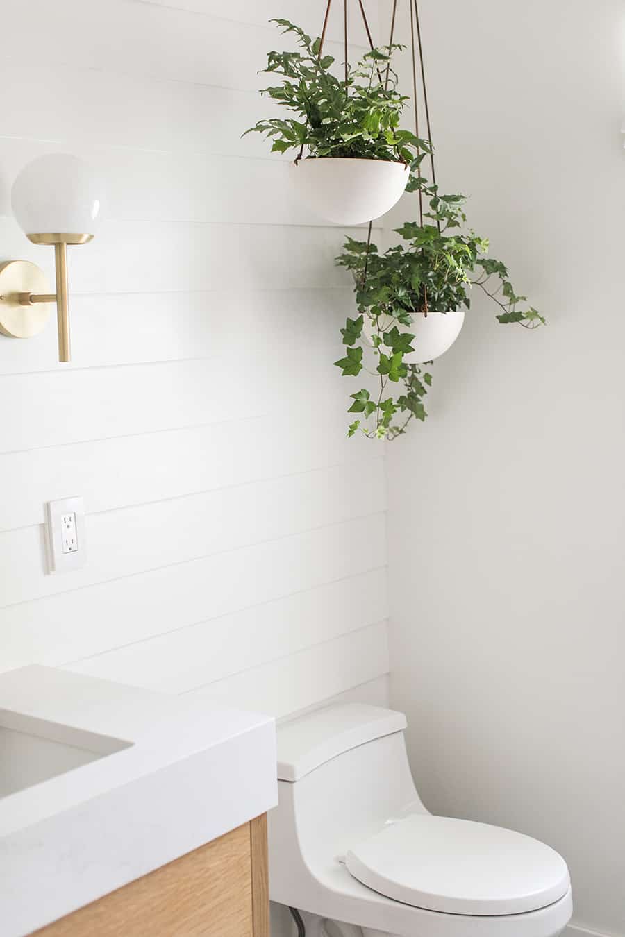 Kohler toilet with shiplap and hanging plants. - small bathroom remodel