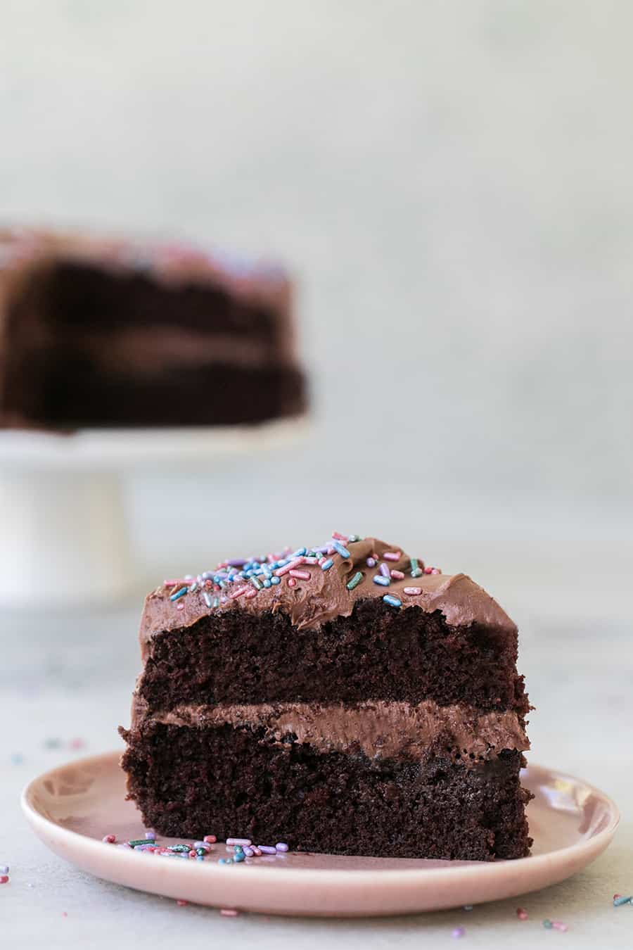 close up side shot of a slice of devil's food cake