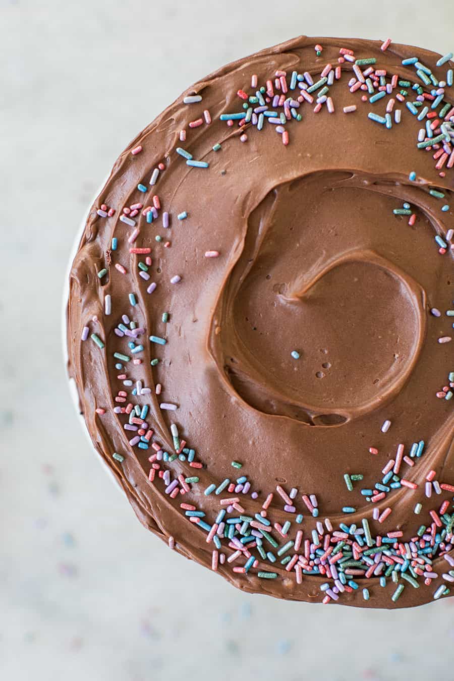 Overhead of chocolate cake with natural sprinkles. 