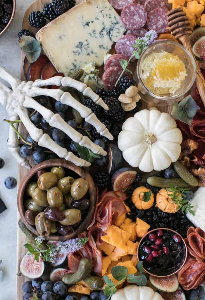 Festive halloween meat and cheese board with prosciutto. 