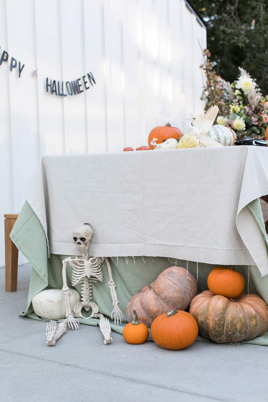 pumpkins and a skeleton on a table