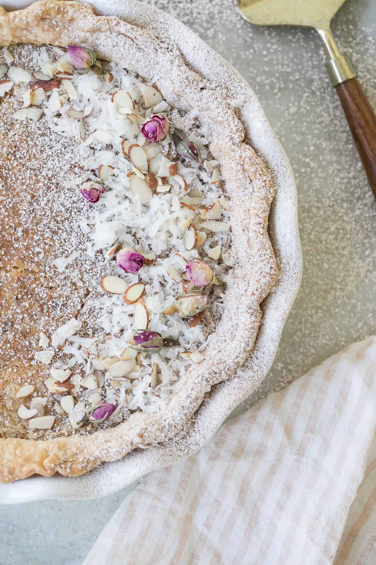 Egg custard pie with powdered sugar ad coconut - egg custard pies, bake the crust, ground nutmeg, pie dough, egg wash, easy homemade pie, homemade pies