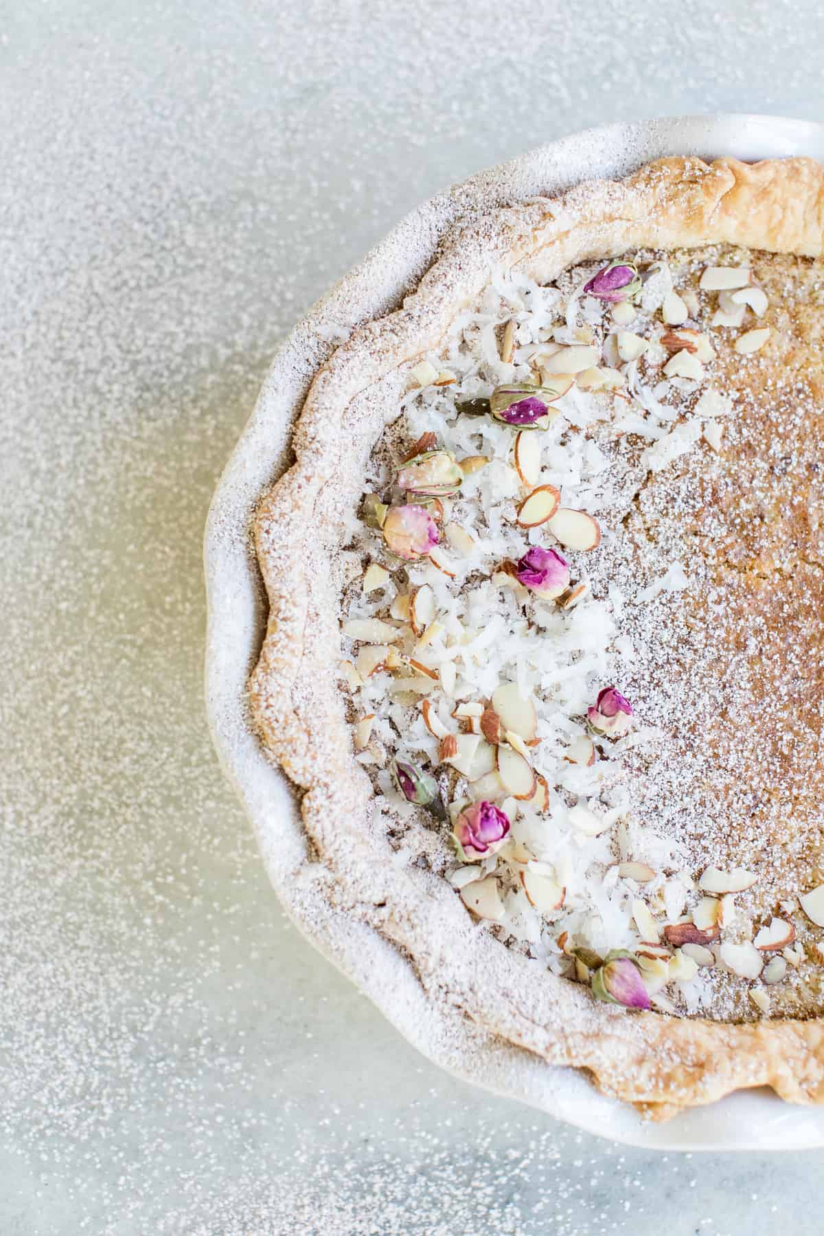 egg custard pie with coconut, almonds and flowers - egg custard pie recipe, smooth and creamy texture, egg pie, custard filling, oven temperature