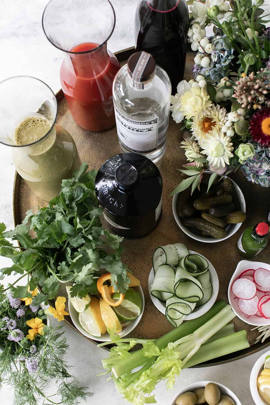 Overhead view of a bloody Mary bar