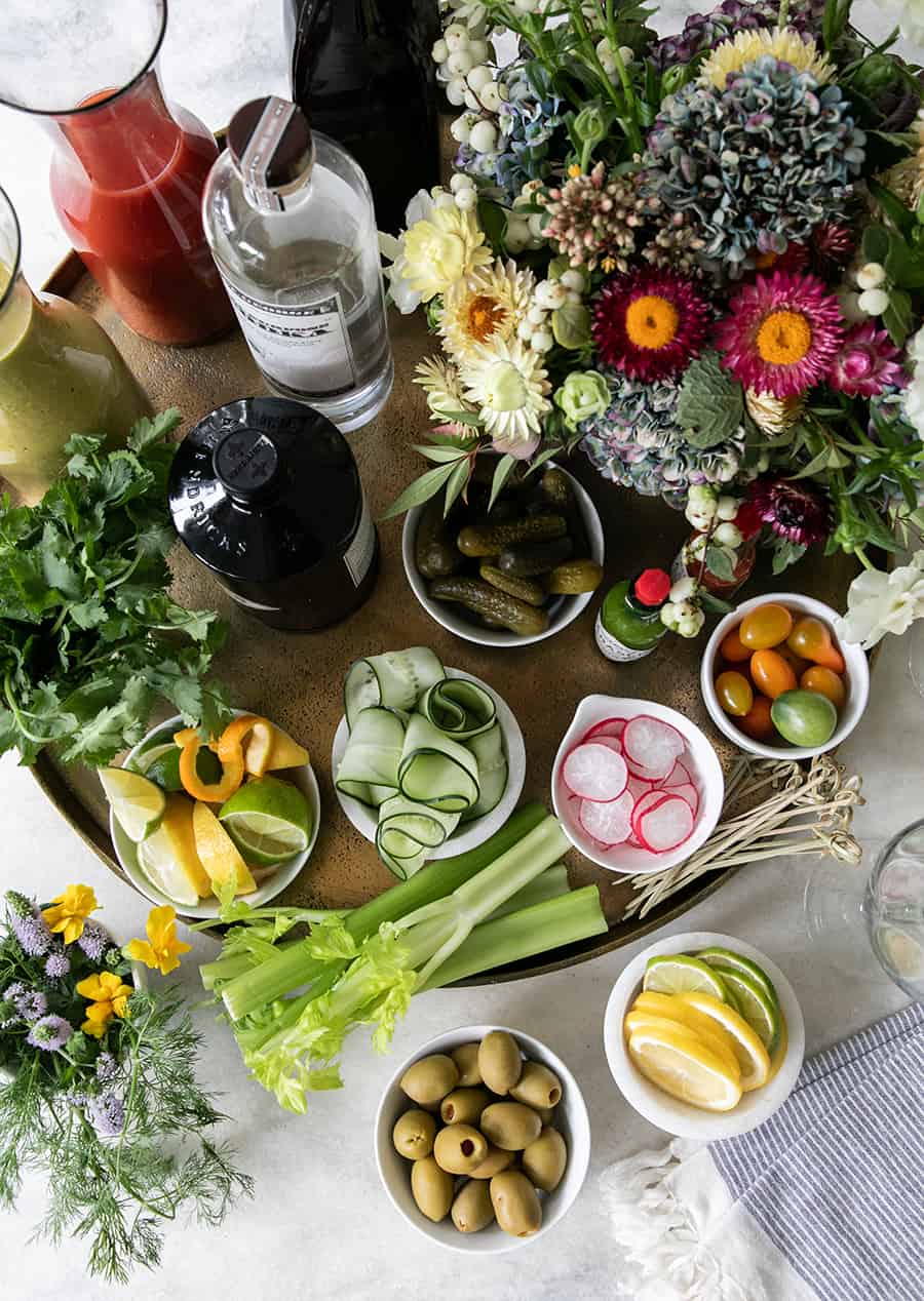 Overhead of ingredients for a bloody Mary bar.