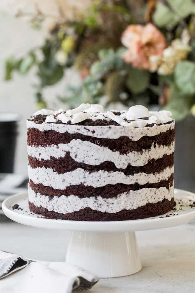 Layered chocolate cake on a cake stand.