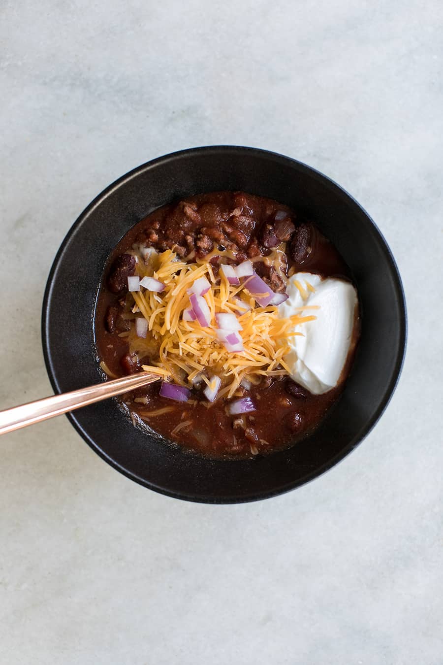 top down shot of best slow cooker chili in a bowl