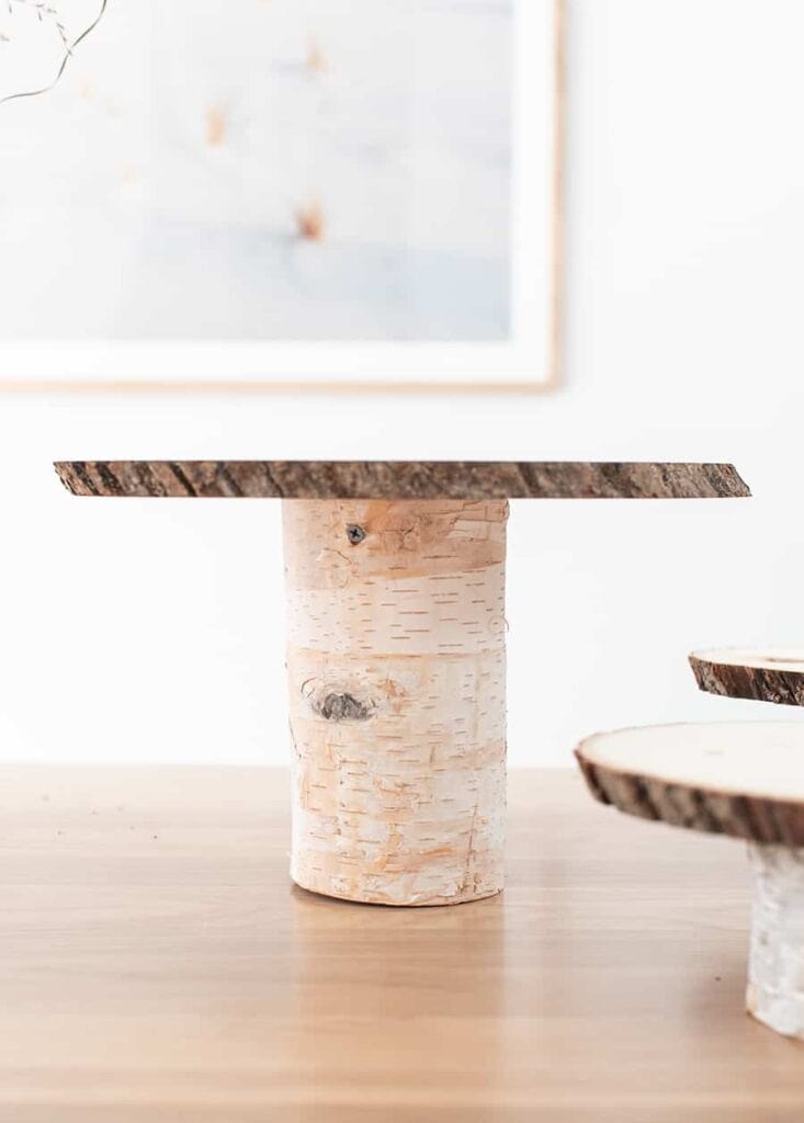 A birch wood cake stand.