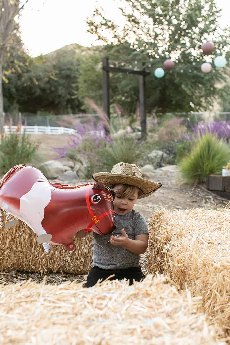 toddler playing with horse balloon 