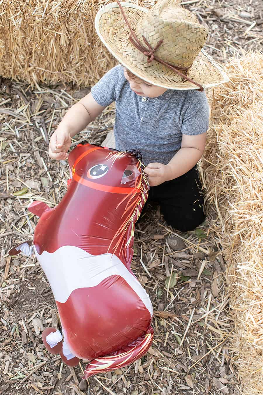 Toddler playing with horse balloon 