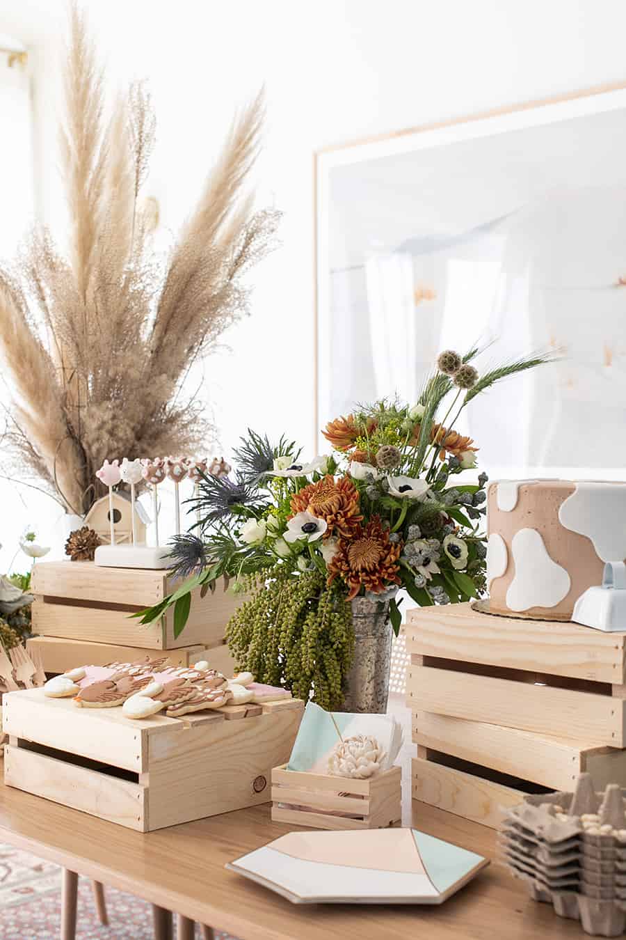 flowers, cake, cookies for a barnyard party.