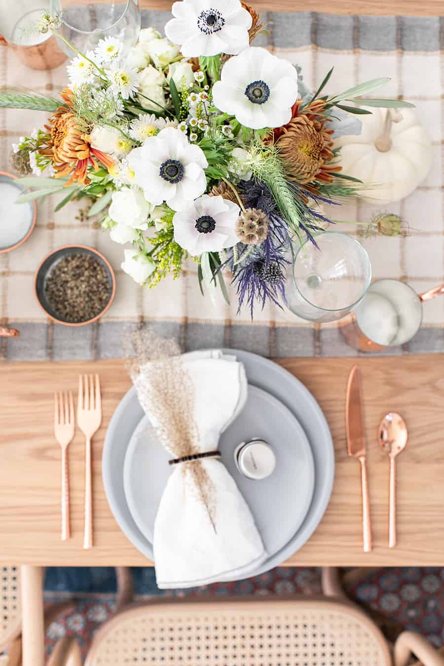 Overhead of a modern Thanksgiving table setting. 