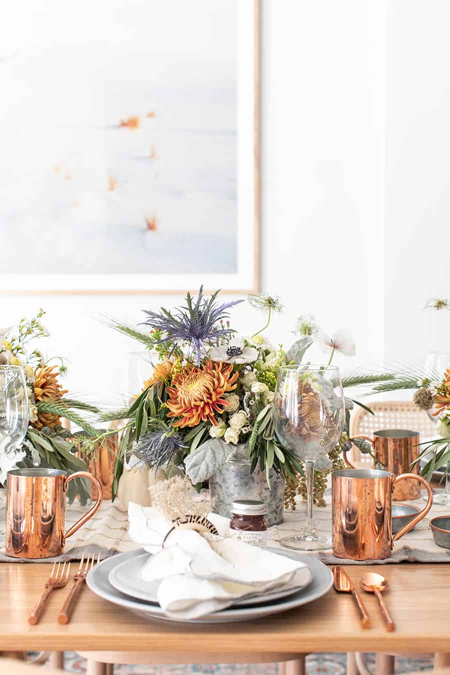 Beautiful Thanksgiving table setting with copper and galvanized buckets