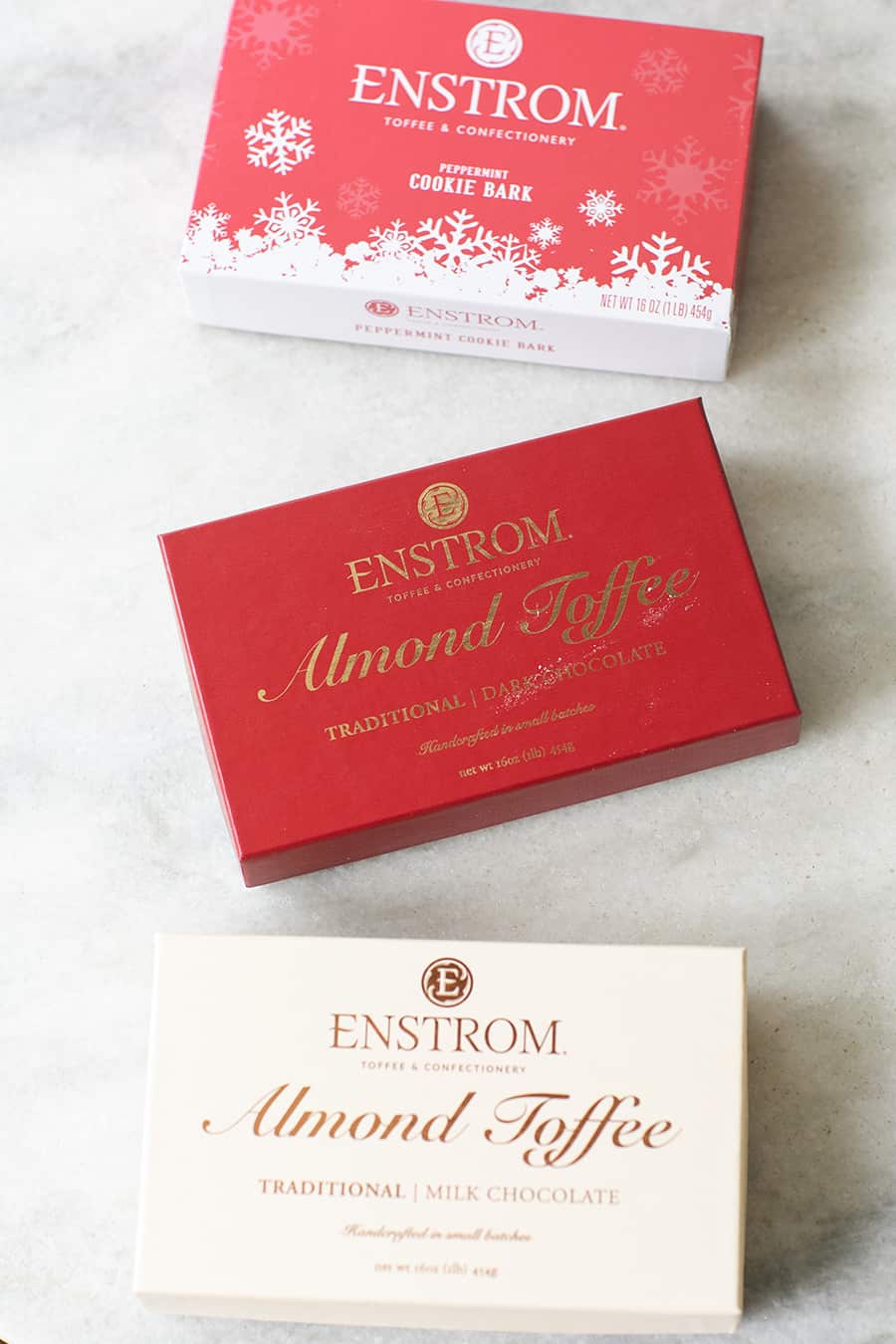 top down shot of boxes of enstrom toffees