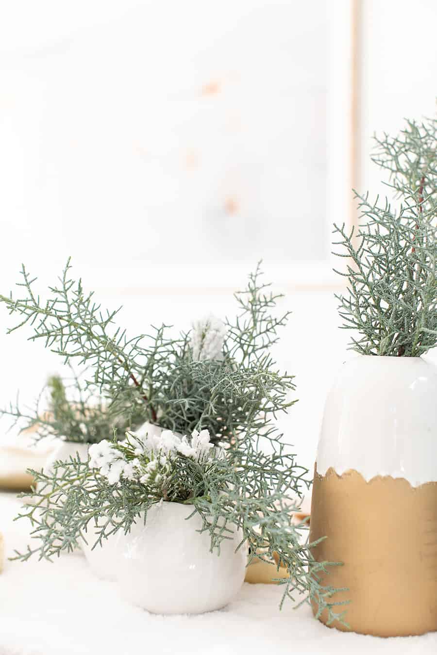 Christmas greens in a white and gold vase.