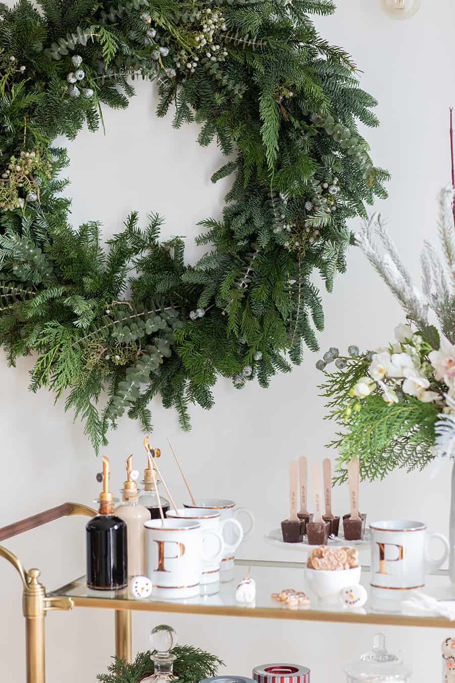 Holiday wreath and How to Create a Holiday Hot Chocolate Bar