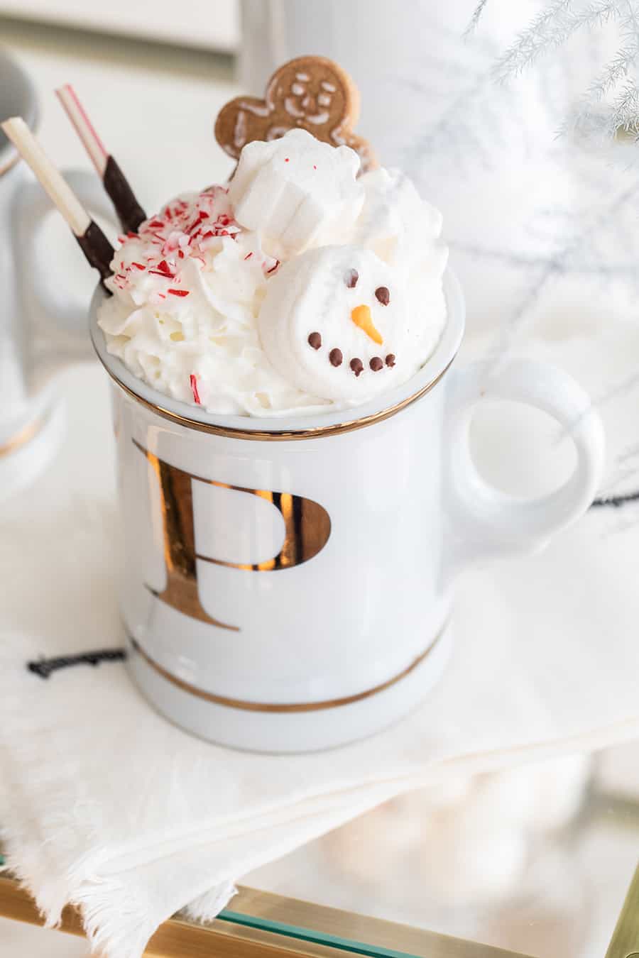 Hot chocolate topped with marshmallows, cookies and candy cane