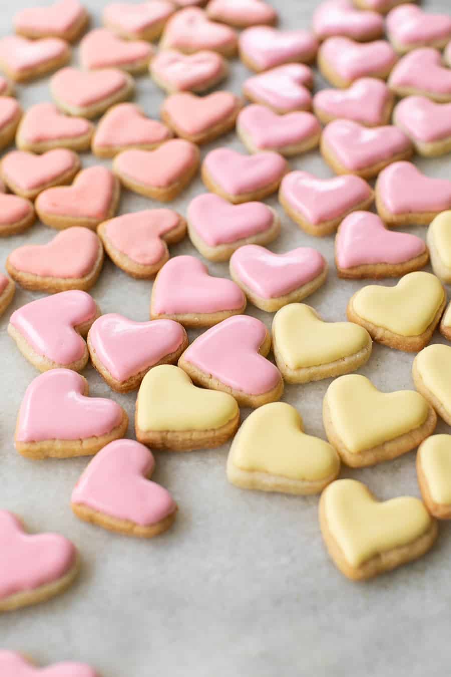 mini pink and yellow heart shaped sugar cookies