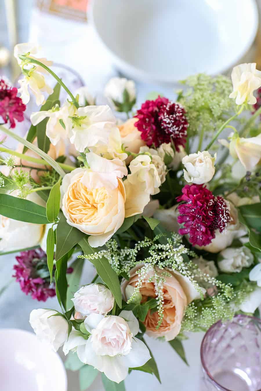 Beautiful pink and purple flower arrangement for Valentine's Day.