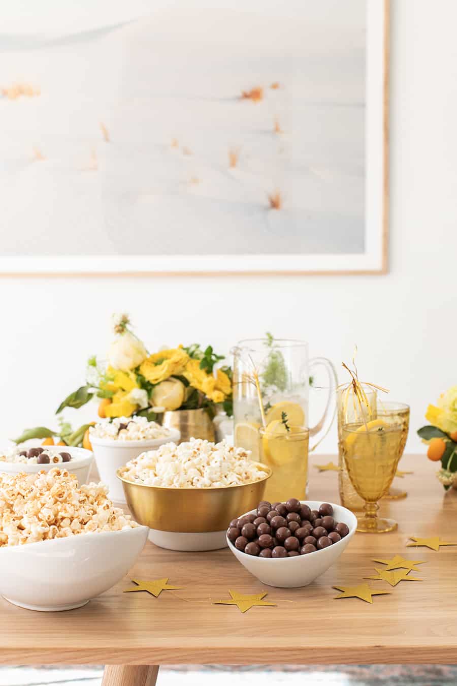 Popcorn and candy in bowls for an Oscar party 